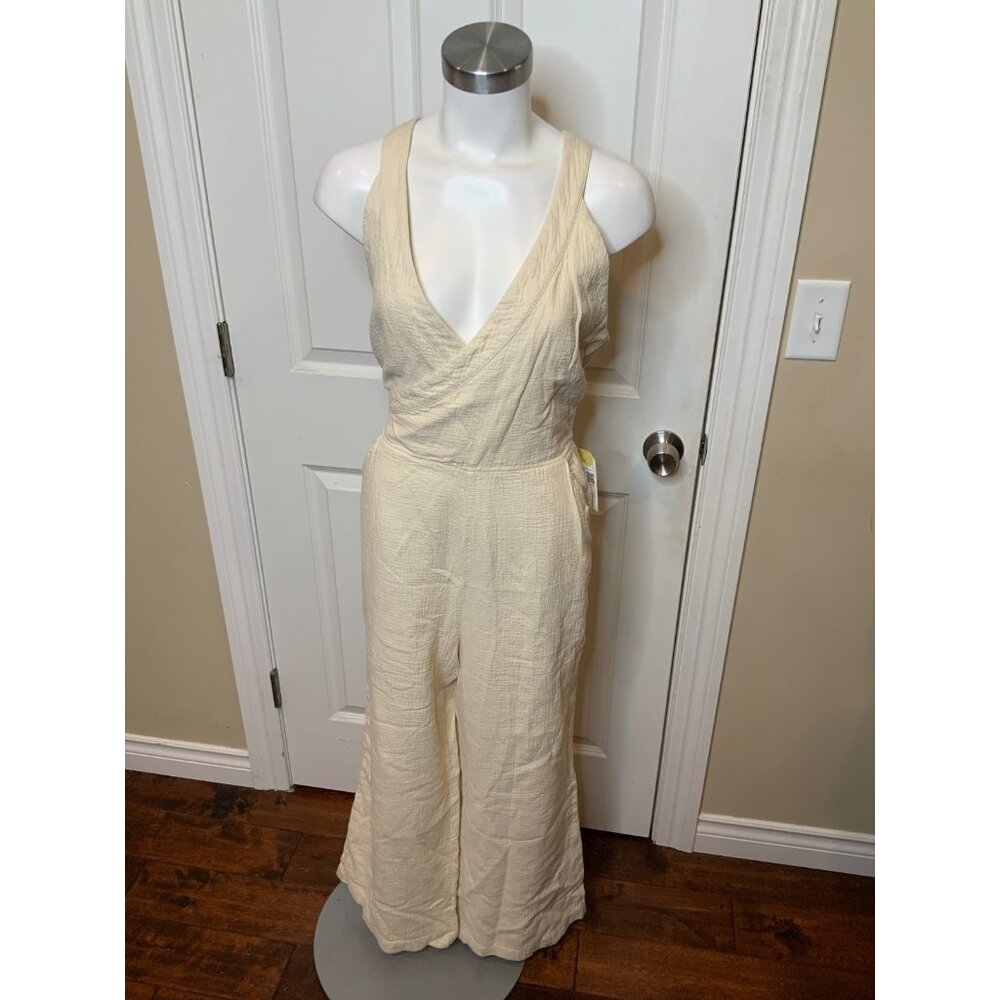 by Anthropologie Beige Wide Leg Sleeveless V-Neck Jumpsuit,  Size 12